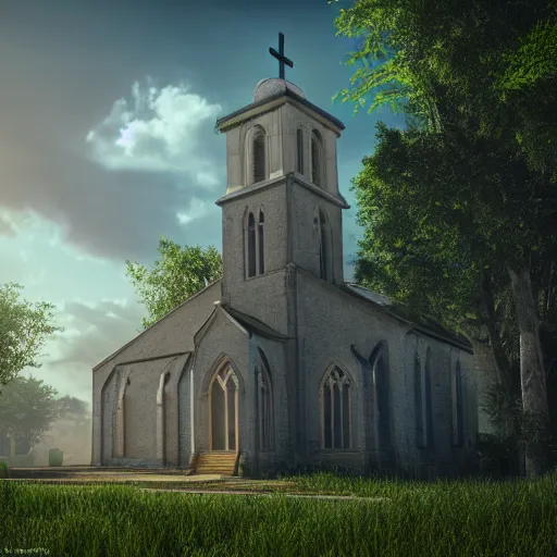 Prompt: church covered with vegetation volumetric lighting unreal engine vray tilt shift sun rays matte painting hyperrealism deviantart 8 k 3 d