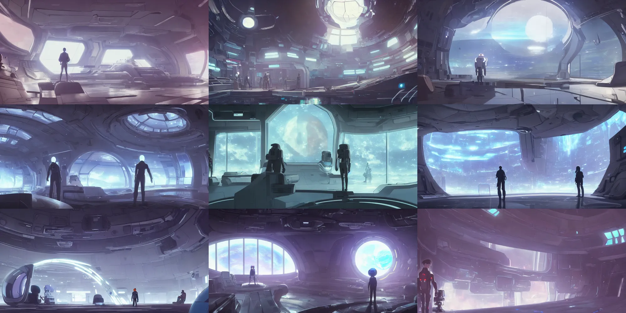 Prompt: interior of futuristic craft, mechanical, sci-fi walls, light fog, guy in a cyber-suit looking out the door at a giant planet, anime style of Studio Trigger, by Makoto Shinkai, Studio Ghibli, Miyazaki, artstation