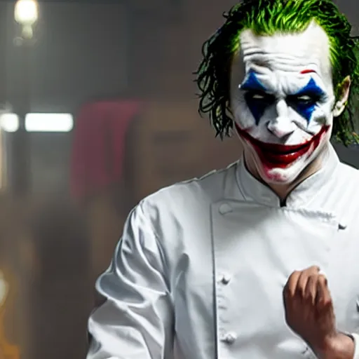 Prompt: cinematic shot of the joker wearing a chef's hat and a white shirt, 8 k, very intricate, very detailed,