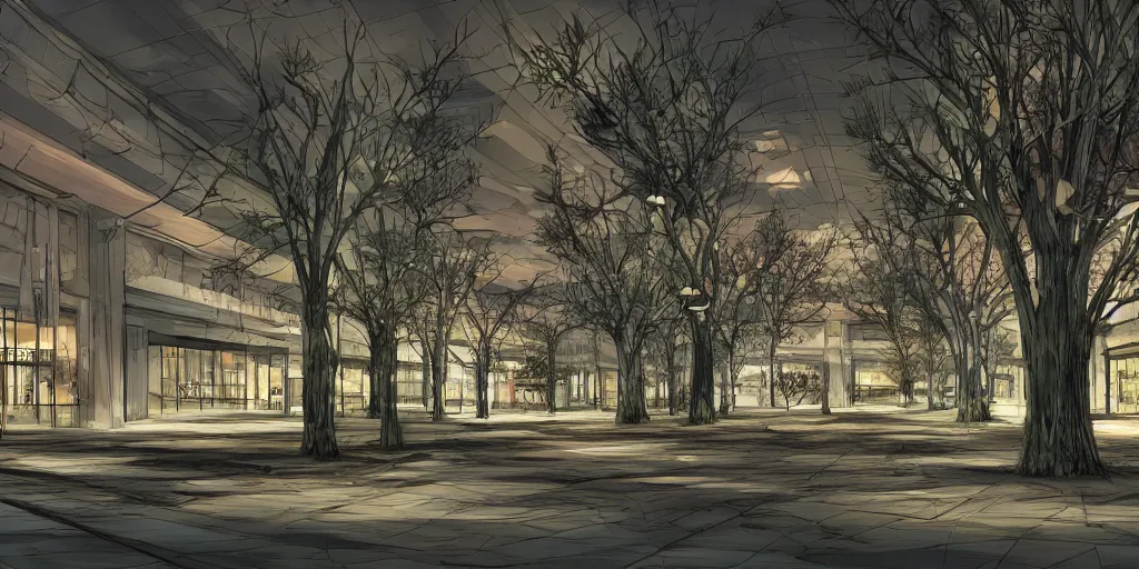 Prompt: abandoned mall at night, some decorative trees in the middle, subtle wear - and - tear, anime!, award - winning digital art