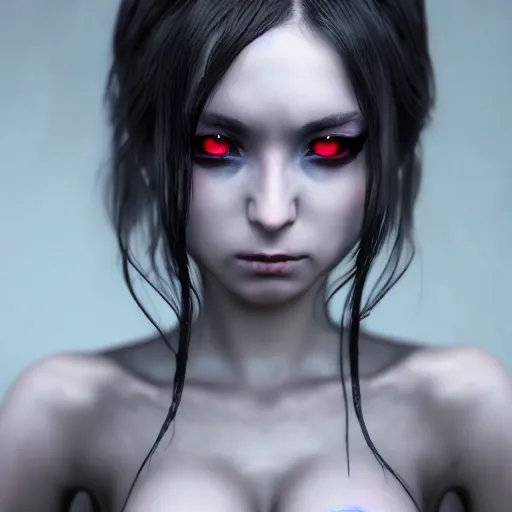 Image similar to photorealistic full shot portrait of angry darkness anime girl, electric aura, beautifull eyes, inspired by tim burton, detailed, unreal engine 4 k, volumetric light, fog