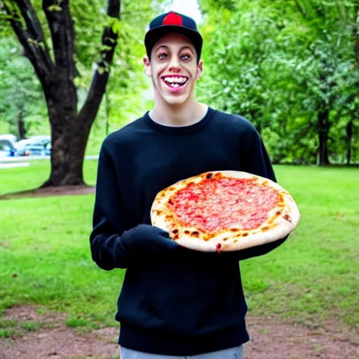 Image similar to pete davidson happily carrying a fresh pizza without a box, just the pizza, outside in a park