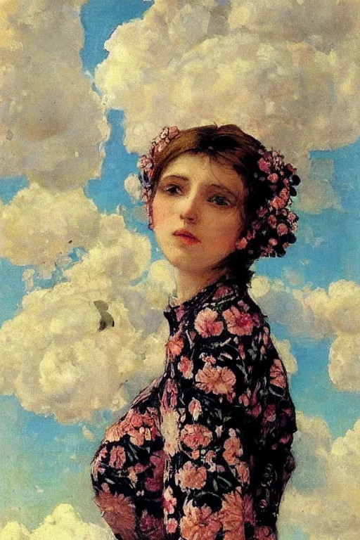 Image similar to close - up fashion woman portrait airy flowers clouds art by vasnetsov