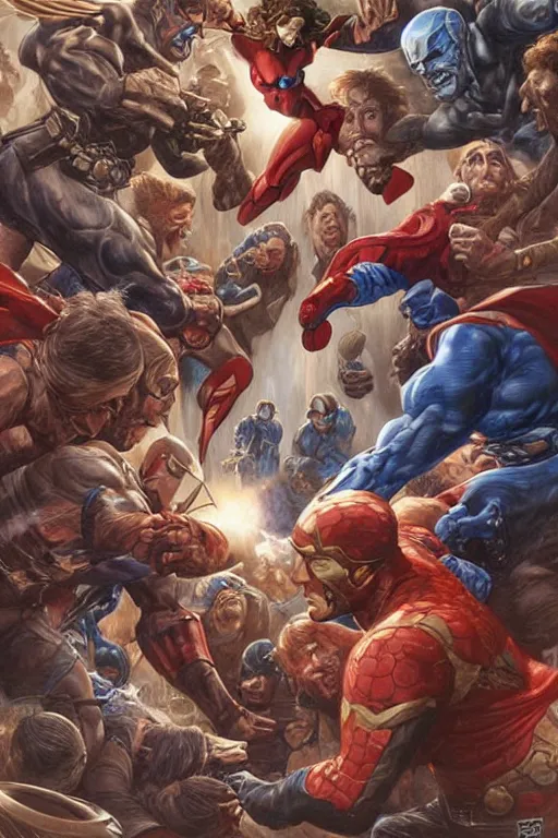 Image similar to super hero civil war battle. art by tomacz alen kopera and gaston bussiere and alex ross.