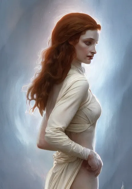 Image similar to sansa old mummy angeline jolie gessica chastain, intricate, elegant, highly detailed, digital painting, artstation, concept art, smooth, sharp focus, illustration, art by artgerm and greg rutkowski and alphonse mucha and william - adolphe bouguereau