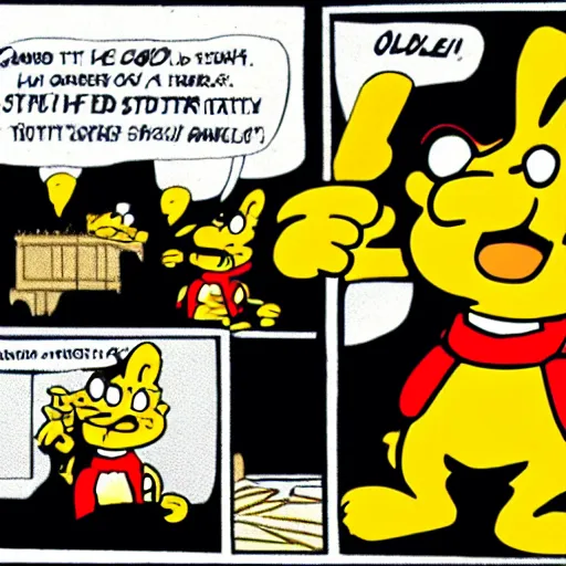 Image similar to garfield points a gun at odie, panel from garfield comic strip, illustrated by jim davis