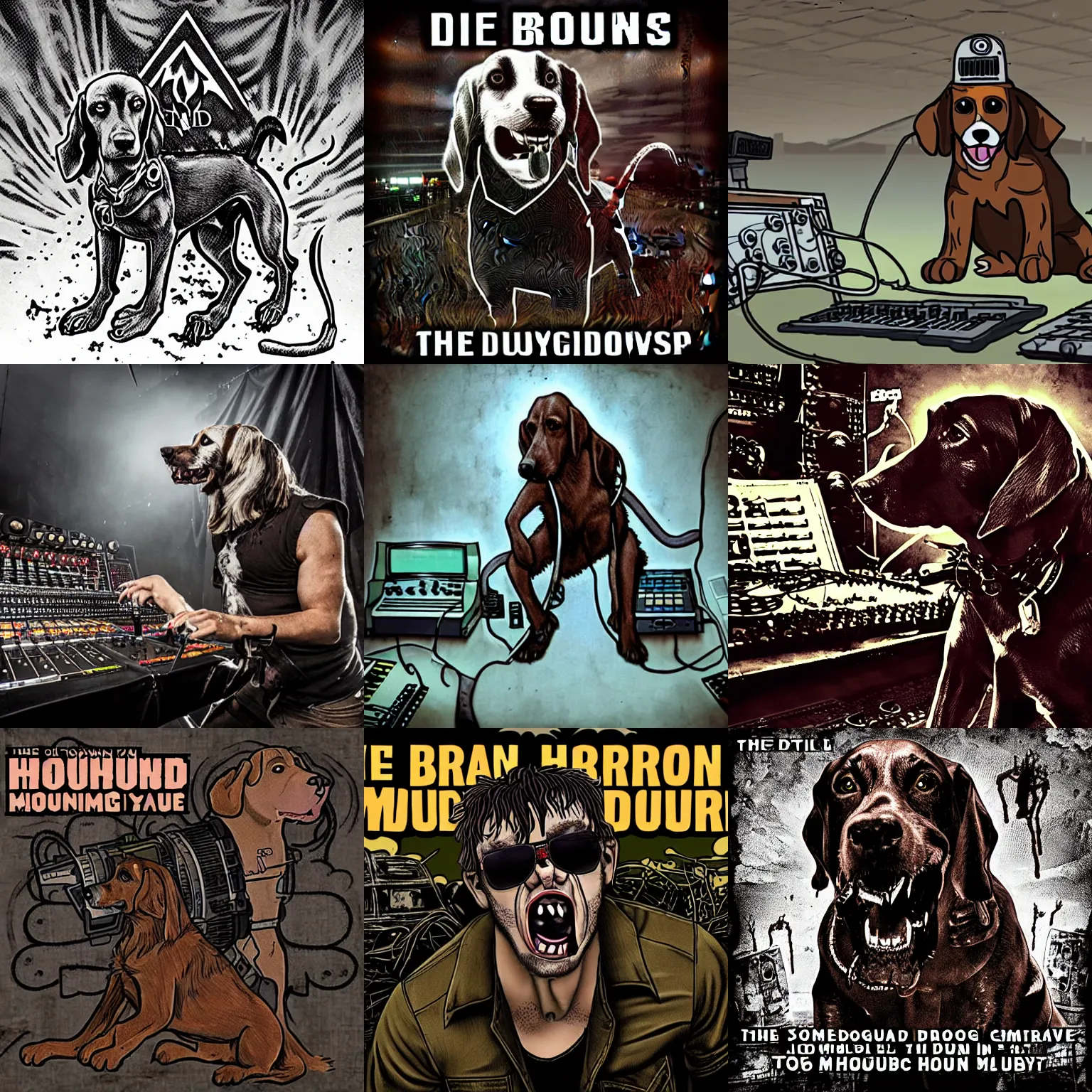 Prompt: the brown hound dog mad mutt mixing industrial music in an apocalypsecore setting