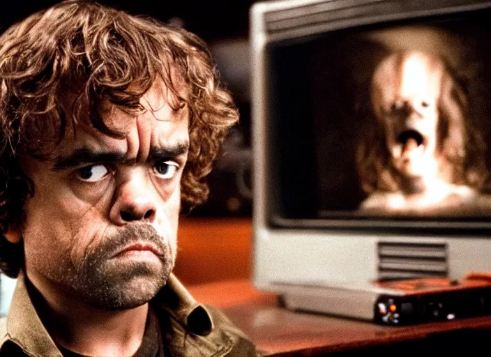 Image similar to a scene from a 1 9 8 2 s halloween iii, peter dinklage is watching tv, vhs distortion, cathode ray tube distortion, folk horror, hauntology, 8 k, 8 5 mm f 1. 8, studio lighting, rim light, right side key light