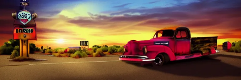 Image similar to a sunset light landscape with historical route 6 6, lots of sparkling details and sun ray ’ s, blinding backlight, smoke, volumetric lighting, colorful, octane, 3 5 mm, abandoned gas station, old rusty pickup - truck, beautiful epic colored reflections, very colorful heavenly, softlight