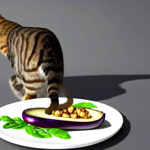 Prompt: a cat eating an eggplant on a plate, realistic, 8 k