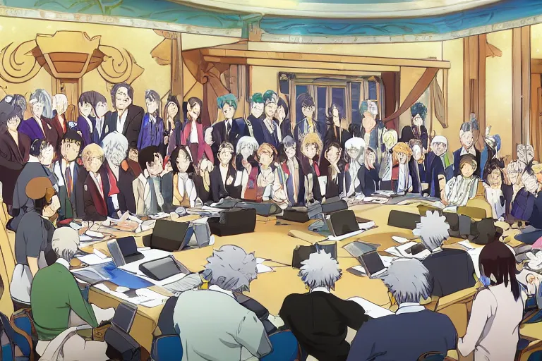 Image similar to cell shaded anime key visual of a fantasy federation council meeting with important local rulers in the style of studio ghibli, moebius, makoto shinkai, dramatic lighting