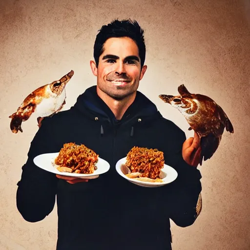 Prompt: a promo portrait of mikel arteta holding a plate of haggis up to the camera, happy,