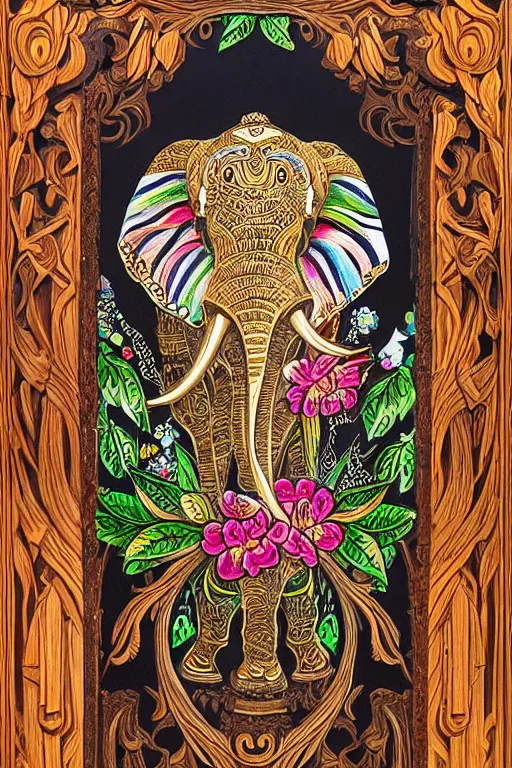 Image similar to Painted dark-wood panel relief carving of a close up of a Flowerpunk Matriarch Elephant, ornate border frame, explosion of colorful flowers, dark wood, intricately carved, black ink, festival of rich colors, intricate details, cinematic lighting, volumetric lighting, post-processing, art nouveau, tarot, fractal art, mandala, by andreas rocha and john howe, and Martin Johnson Heade, featured on artstation, featured on behance, golden ratio, hyper detailed, photorealistic, epic composition, center spotlight, f32, well composed, symmetrical, UE5, 8k