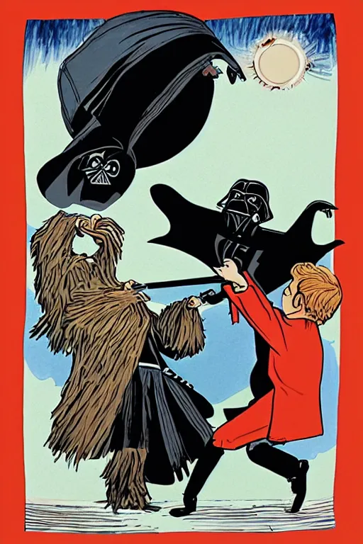 Image similar to an illustration of harry potter fighting darth vader of goodnight moon by margaret wise brown