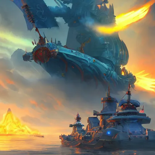 Image similar to arcane - style giant battleship, fire cannons, fire cannons. spear and axes, blue sea waves background, bright art masterpiece artstation. 8 k, sharp high quality artwork, concept art by tooth wu, blizzard warcraft artwork, hearthstone card artwork