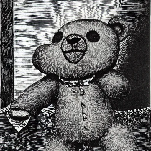 Image similar to found footage of floating teddy bear mask. space opera. b & w grainy. children illustration. art by gustav dore