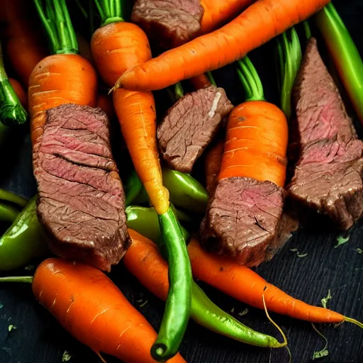 Image similar to carrots, beef, onion, cola, jalapeño peppers, professional photography, 8k, food photography