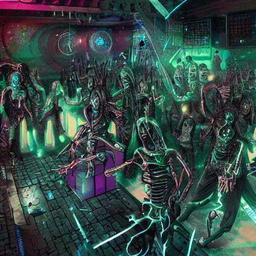 Image similar to techno dance club full of cyberpunk undead lich ilithid mindflayers, honeycomb floor, D&D, lights, lasers, music, highly detailed, realistic, technology and magic,