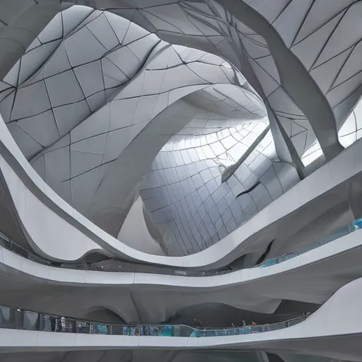 Image similar to stunning beautiful futuristic museum interior by Zaha Hadid, smooth curvilinear dragonfly wings pattern, pastel light gray dark gray, hyper real highly detailed