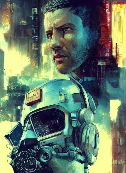 Image similar to cyberpunk space pilot character ( blade runner 2 0 4 9, dystopian, cyberpunk 2 0 7 7 character design ). attractive face. portrait by james gurney and laurie greasley and yoji shinkawa, oil on canvas. cinematic composition, hyper realism, realistic proportions, anatomy, dramatic lighting, photorealistic, high detail, 4 k