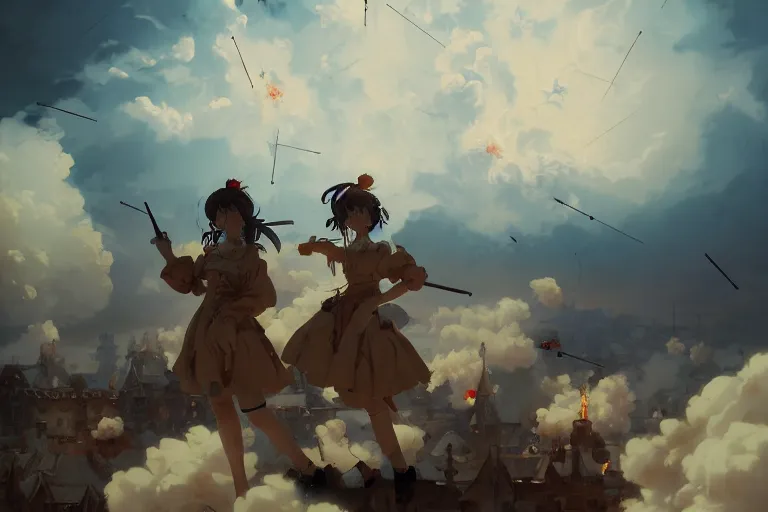 Prompt: baroque oil painting of anime key visual concept art of anime maids using artillery firing at enemy lines, smoke debris, grimdark steampunk fantasy, pleasant battlefield, trending on artstation, brush strokes, oil on canvas, style of makoto shinkai and greg rutkowski and studio ghibli