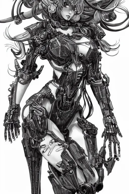 Image similar to full body illustration, mechanized burnette female, blissful succubus, highly detailed, sumi - e art, suiboku - ga ink, by kim jisu, pen and ink monochrome, mecha, deviantart, artstation, pinterest