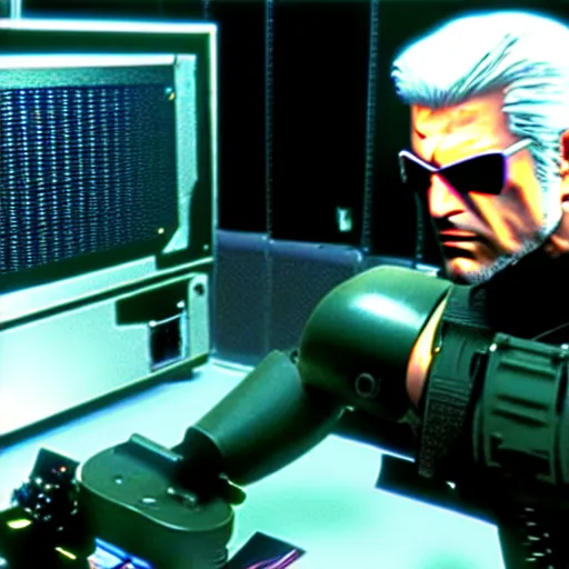 Prompt: drebin893 metal gear solid trying to build a desktop computer with scientific equipment close up