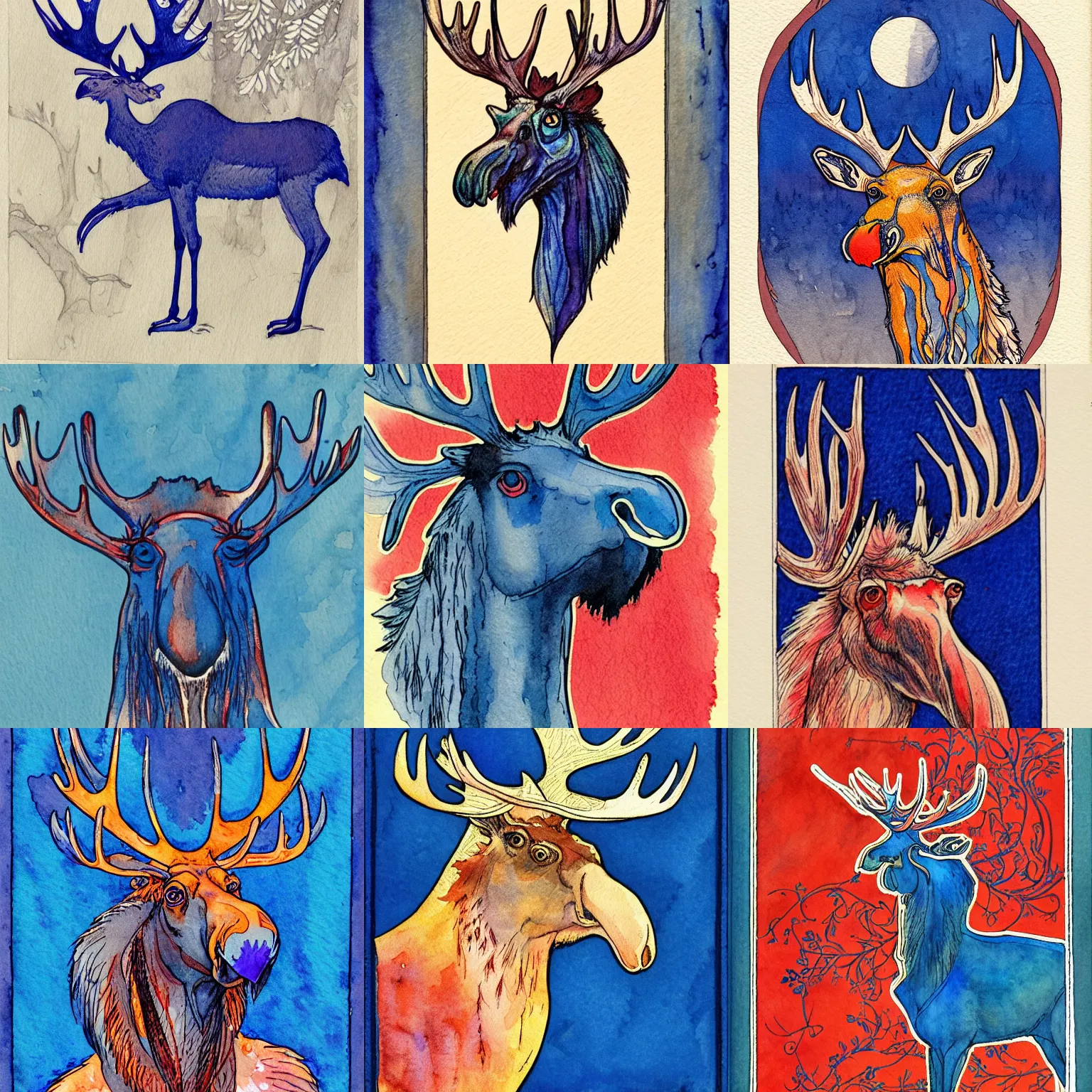 Prompt: turkey - moose creature with long neck and 4 arms | romanticist, art nouveau illustration, loose linework, watercolor wash over inks, cadmium red, cobalt blue, payne's grey, luminism