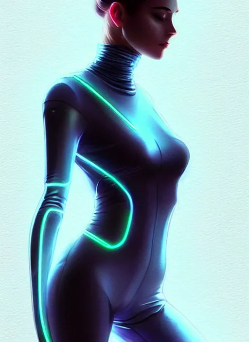 Image similar to portrait of modern female humanoid, transparent tight clothes, very futuristic, elegant, cyber neon lights, highly detailed, digital photography, trending in artstation, trending in pinterest, glamor pose, concept art, smooth, sharp focus, art by artgerm and greg rutkowski