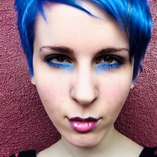 Prompt: photo of young cute punk woman with blue pixie cut posing, hyper detailed