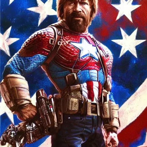 Image similar to uhd photorealistic detailed image of chuck norris dressed as captain america, wearing extremely intricate costume, by ayami kojima amano karol bak tonalism