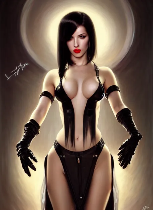 Prompt: glamorous tifa lockheart, seductive eyes and face, elegant, lascivious pose, very detailed face, studio lighting, photorealism, wearing futuristic armor , portrait by Magali Villeneuve and Steve Argyle,Livia Prima,Mucha,dress,fantasy art,beautiful,artstation,trending on artstation,intricate details,alluring,masterpiece