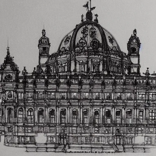 Prompt: Palast der Republik in Berlin, architectural drawing by Arthur Rackham