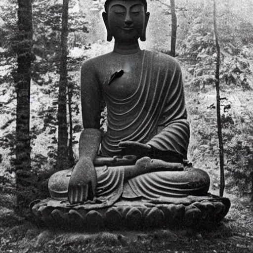 Prompt: a 1900s photo of a forgotten giant stone statue of buddha found in woods