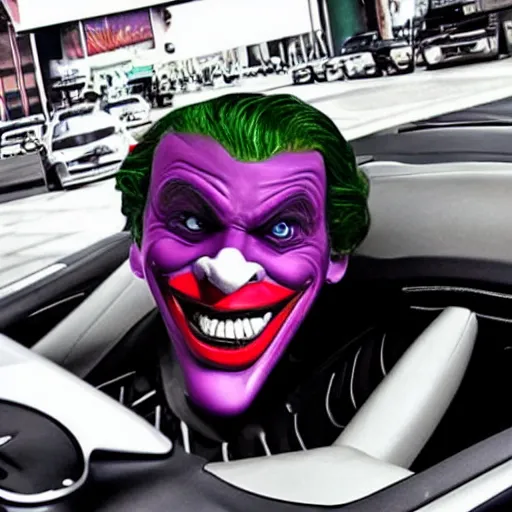 Prompt: modern car whose mask resembles the face of the joker from the batman movie