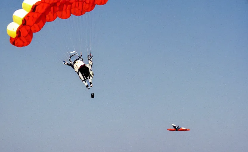 Image similar to color photo. closeup of a skydiver jumping. white plane in the background 8 0'style