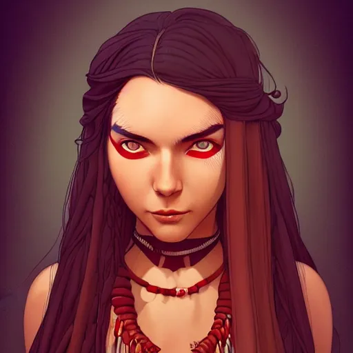 Image similar to in the style of artgerm and Andreas Rocha and Joshua Middleton, beautiful Native American young woman with long hair and red paint strip across eyes, smile on face, Symmetrical eyes symmetrical face, bead necklace, scenic prairie in background sunrise, natural lighting, warm colors