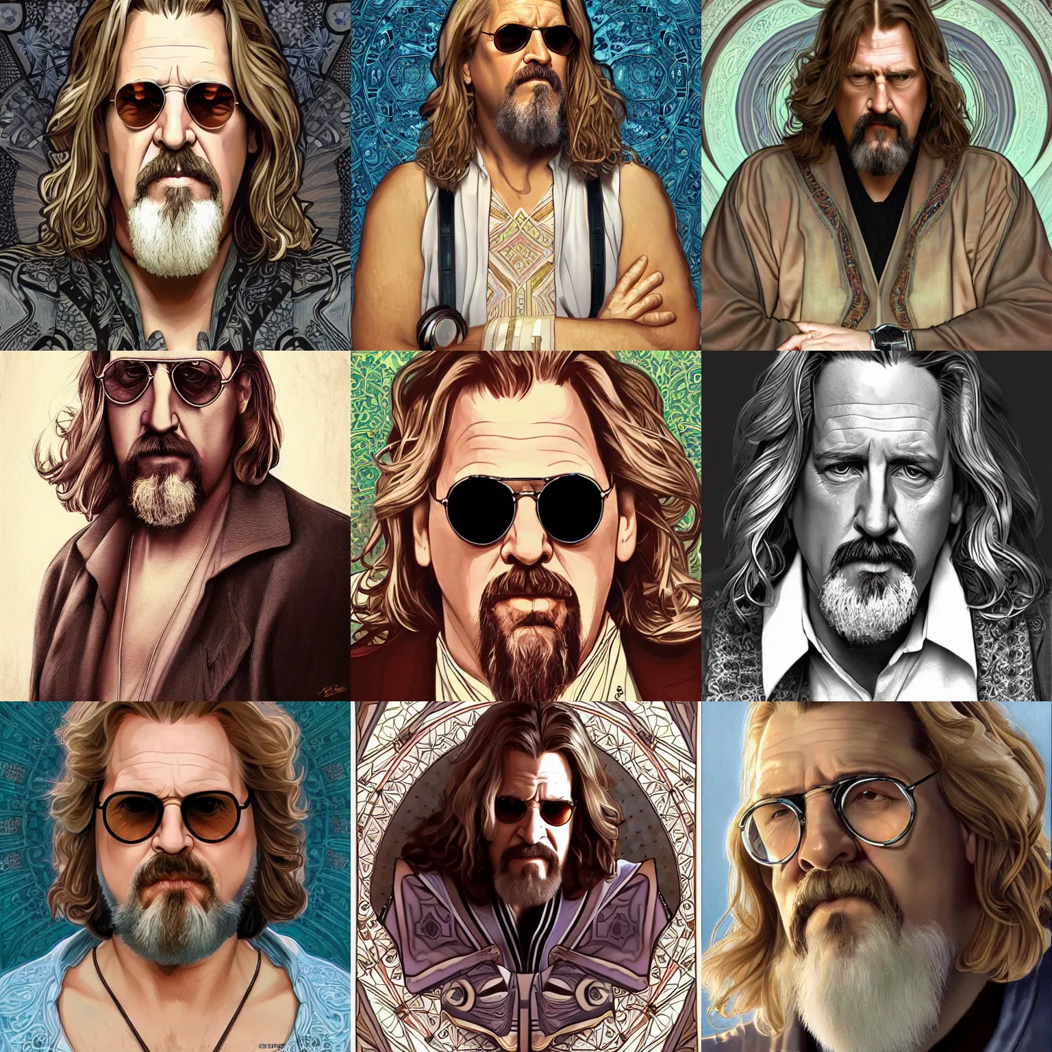 Prompt: the dude big lebowski, deep focus, intricate, elegant, highly detailed, digital painting, concept art, matte, sharp focus, illustration, art by artgerm, alphonse mucha, rug