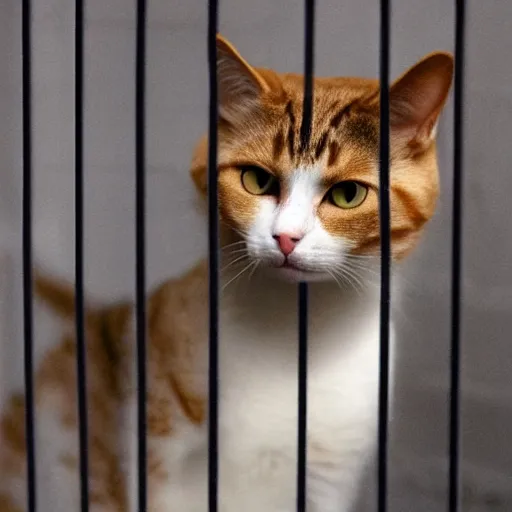 Prompt: cat in prison, sad face