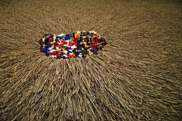 Image similar to a child made out of needles surrounded by people made of haystacks