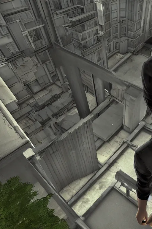 Image similar to A government man from Half-life stands on the balcony of a two-story panel house and watches, graphics in the style of games on the source engine, game graphics