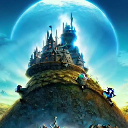 Image similar to large fantasy castle sitting on the top of a giant tortoise, towering over a harsh wasteland with sharp rays of sunlight, howls moving castle, mortal engines, kaiju, distant - mid - shot, fantasy, hyper detailed, 4 k