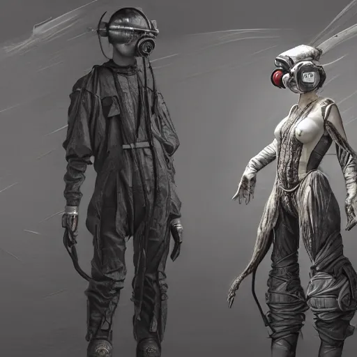 Image similar to korean solarpunk curator in an art gallery with extremely detailed respirators and head gear, inspired by die antwoord beautiful, hand painted textures, cloth physics, deviantart, karol bak, masamune shirow, black and white, photorealistic, concept art, perfect render, 3 d render, pixar, 8 k