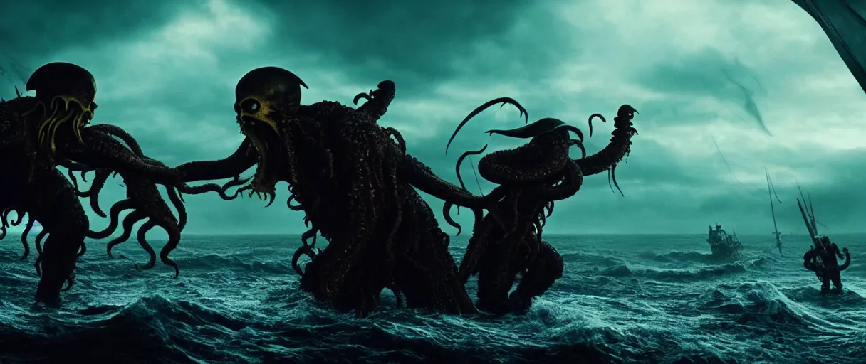 Image similar to pirates fighting cthulhu, cinematic atmosphere, maximized, high detail, 8k, ornate, dark fantasy, masterpiece, complex, film still from the movie directed by Denis Villeneuve