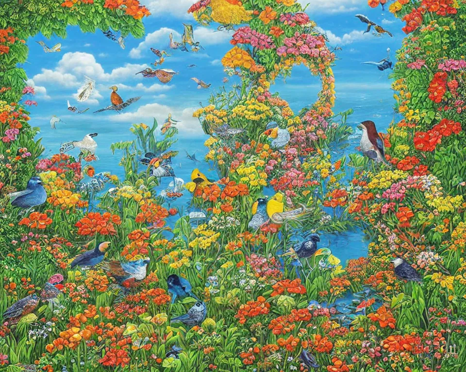Prompt: birds sea wall garden painting in a frame by Jacek Yerka,