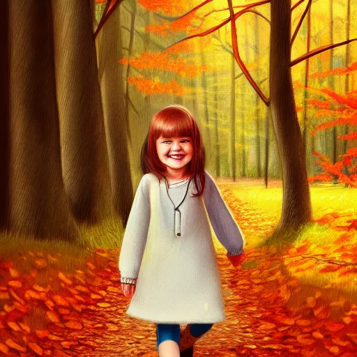 Prompt: ansell mary jane ilustration a beautiful little girl smiling, walking calmly through an autumn forest, characterized by ansell mary jane, sharp focus, highly detailed, artstation