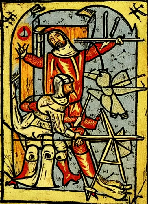 Prompt: A painting of quadrocopter attack peasant, medieval graphic, high detailed, codex