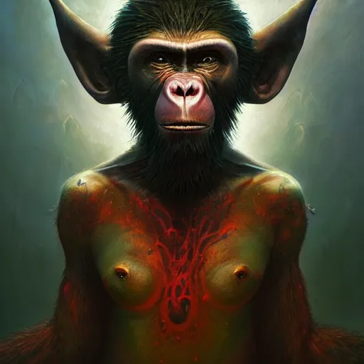 Prompt: a heroic psychedelic ape, hero character art, scars, by chris leib and greg rutkowski and android jones in a vibeant fantasy lovecraftian style, oil on canvas, dramatic lighting, raytracing, 8k, hd.