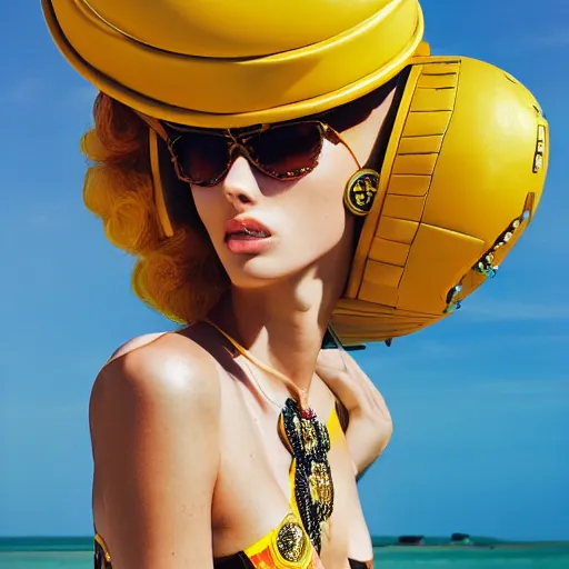 Prompt: female fashion model in year 3000 at beach, model wearing a huge surreal Avant-garde helmet in yellow, photography , official Versace editorial , highly detailed