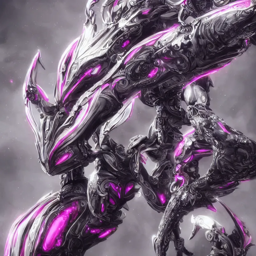 Image similar to highly detailed exquisite fanart, of a beautiful female warframe, but as an anthropomorphic elegant robot dragon, shiny white silver plated armor engraved, robot dragon head, Fuchsia skin beneath the armor, sharp claws, long tail, robot dragon hands and feet, two arms and legs, elegant pose, close-up shot, full body shot, epic cinematic shot, professional digital art, high end digital art, singular, realistic, DeviantArt, artstation, Furaffinity, 8k HD render, epic lighting, depth of field